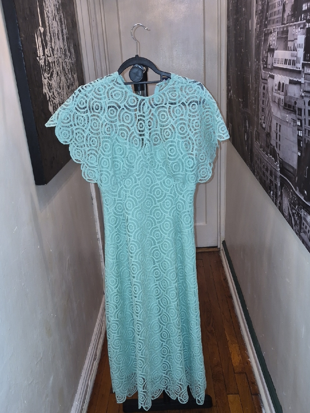 Pearl Mint Lace Maxi Dress with Scalloped Cape